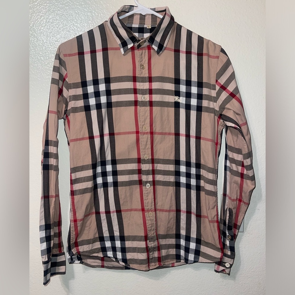 Burberry Tan and Red Plaid Casual Button Down Shirt